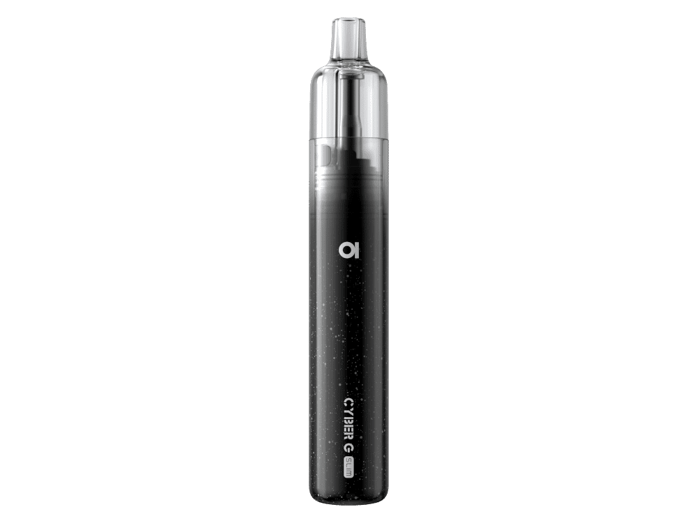 Aspire Cyber G Slim E-Zigaretten Set 2 Leerer, schwarzer Vaping-Device mit Silberakzent und Kosmos-Design, auf transparentem Hintergrund.