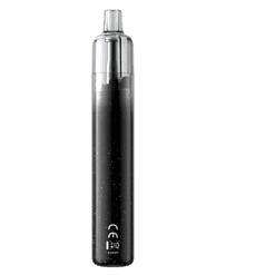 4. Eleganter, kabelloser Vaping-Pen mit schwarzem Design und Silberelementen, ideal für Genuss unterwegs, mit CE- und Vorschriftenzeichen.
