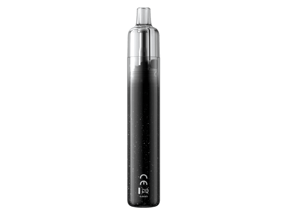 Aspire Cyber G Slim E-Zigaretten Set 1 4. Eleganter, kabelloser Vaping-Pen mit schwarzem Design und Silberelementen, ideal für Genuss unterwegs, mit CE- und Vorschriftenzeichen.