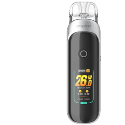 Akku-Inhalator Aspire mit digitalem Display, kompakt und modern, ideal für Luftbefeuchter und Inhalation, schwarz-silbernes Design, leicht und handlich, inklusive Zubehör.
