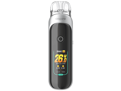 Akku-Inhalator Aspire mit digitalem Display, kompakt und modern, ideal für Luftbefeuchter und Inhalation, schwarz-silbernes Design, leicht und handlich, inklusive Zubehör.