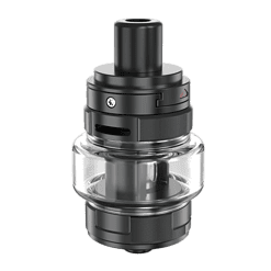 Hohes Bild eines modernen Vape-Tanks mit schwarzer Oberseite und transparentem Glasbehälter. Ideal für E-Zigaretten, leicht zu befüllen und mit langlebigem Material. Perfekt für Dampfer auf der Suche nach Qualität.