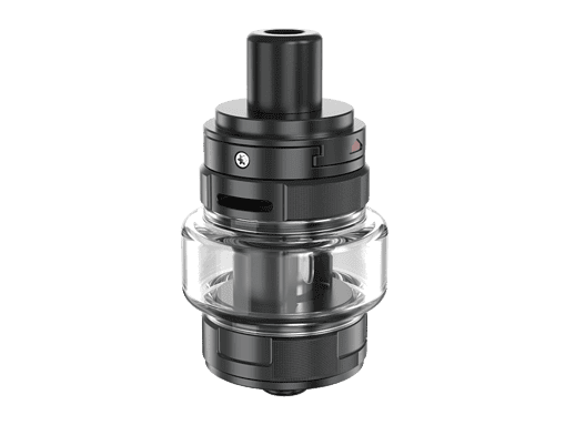 Hohes Bild eines modernen Vape-Tanks mit schwarzer Oberseite und transparentem Glasbehälter. Ideal für E-Zigaretten, leicht zu befüllen und mit langlebigem Material. Perfekt für Dampfer auf der Suche nach Qualität.