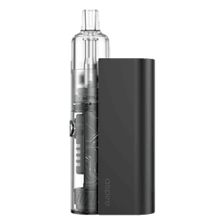 Potente Akku-Vape mit transparentem Tank und schwarz mattem Gehäuse, kompatibel mit Aspire Batterien, ideal für Dampfer und E-Zigaretten-Enthusiasten, moderner und stylischer Look.