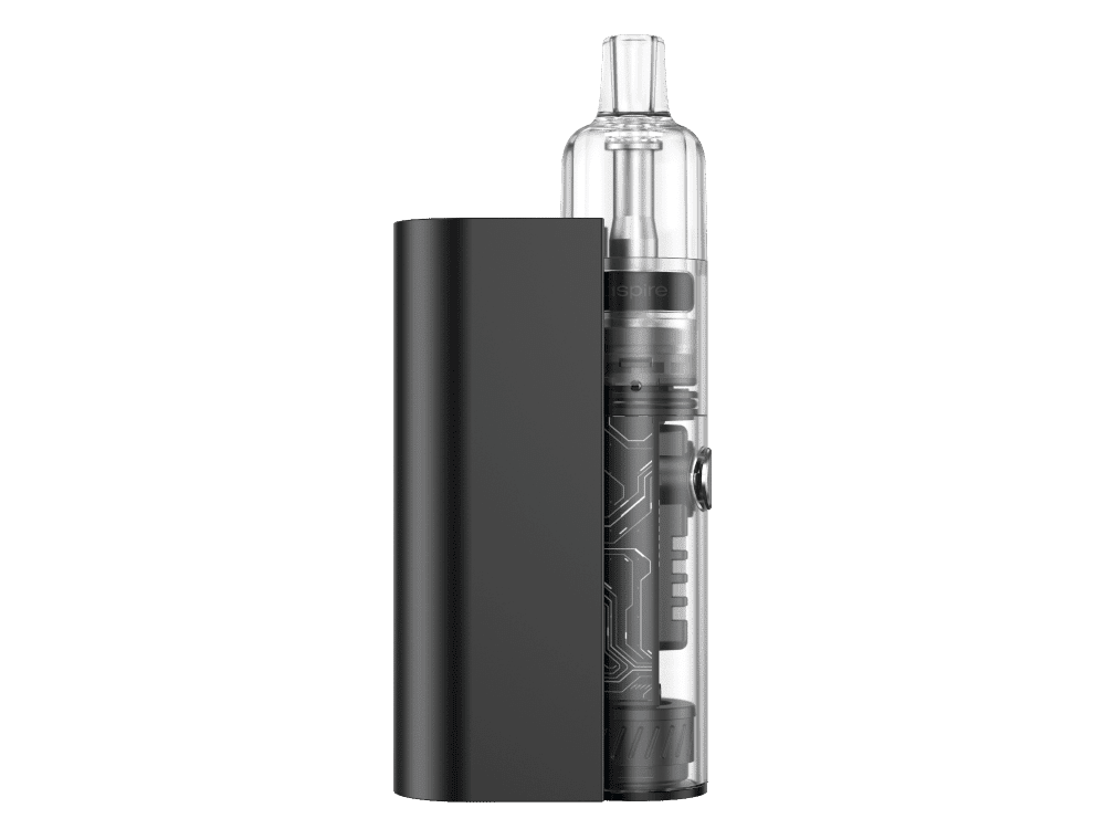 Aspire Cyber GT E-Zigaretten Set 2 Akkubetriebene E-Zigarette mit schwarzem Akkuträger und transparenter Vaporizer-Einheit, modern und kompakt gestaltet.