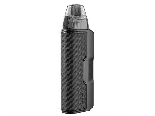 Stylischer Vape mit Carbonmuster, handlich und modern, ideal für unterwegs, mit klarer Sichtfenster und ergonomischem Design.