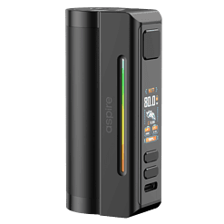 Moderner Aspire Vape mit digitalem Display, schwarz, kompakt und vielseitig für Dampfer, mit LeistungsAnzeige, Farb-Lichter, plus Bedienelemente.