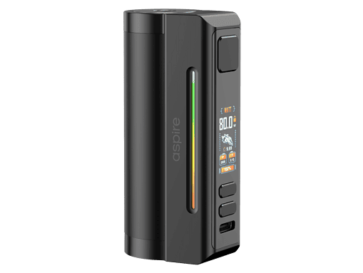 Moderner Aspire Vape mit digitalem Display, schwarz, kompakt und vielseitig für Dampfer, mit LeistungsAnzeige, Farb-Lichter, plus Bedienelemente.