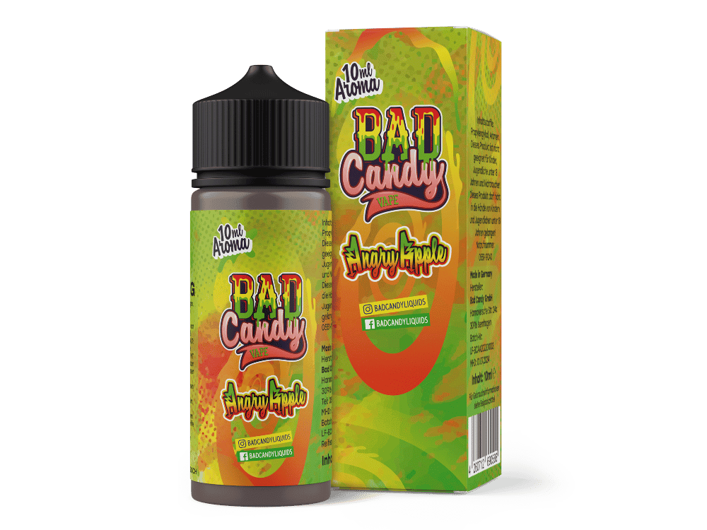 Bad Candy Liquids - Aroma Angry Apple 10ml 1 BAD Candy Vape Liquid Flasche und Verpackung in buntem Design, Aroma von saurem Kaugummi, 10 ml Inhalt, für E-Zigaretten geeignet, im Online-Shop LETZ Go erhältlich.