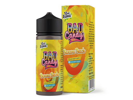 Aromatisiertes Vape-Bad Candy Banana Beach Sirup in Flasche und Verpackung, perfekt für E-Zigaretten und Vape-Fans, fruchtiger Geschmack, hochwertige Qualität, geeignet für Dampfer und Liquid-Liebhaber.