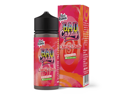 Fruchtiges Cherry Clouds Vape Liquid von BAD Candy, in 30ml Flasche mit Aromastoffen für E-Zigaretten, ansprechend gestaltetes Produktbild mit Verpackung und Flasche.