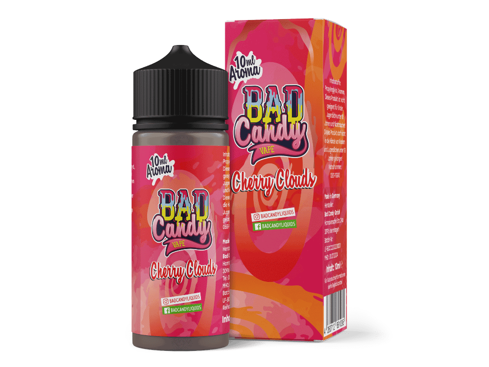 Bad Candy Liquids - Aroma Cherry Clouds 10ml 1 Fruchtiges Cherry Clouds Vape Liquid von BAD Candy, in 30ml Flasche mit Aromastoffen für E-Zigaretten, ansprechend gestaltetes Produktbild mit Verpackung und Flasche.