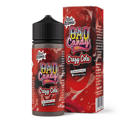 Bad Candy Crazy Cola E-Liquid Flasche mit Verpackung, 10ml, für E-Zigaretten, intense Cola-Geschmack, vibrant, junges Design, in Deutschland hergestellt.