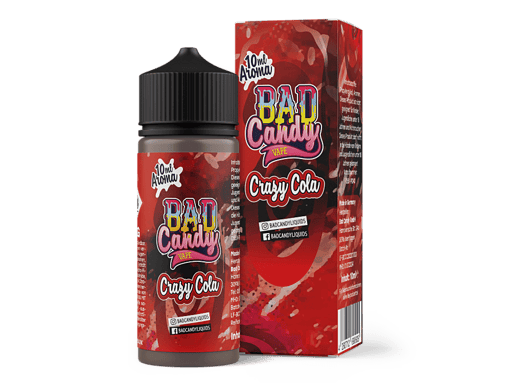 Bad Candy Crazy Cola E-Liquid Flasche mit Verpackung, 10ml, für E-Zigaretten, intense Cola-Geschmack, vibrant, junges Design, in Deutschland hergestellt.
