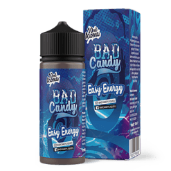 Leere Flasche und Box des BAD CANDY liquids, blauer psychedelischer Design, für E-Liquid Vape, Produkt für E-Zigaretten, energiegeladenes Design, Vape Zubehör, 10ml Flasche, Aromatisiert, Liquids, Vape Shop, LETZ Go.