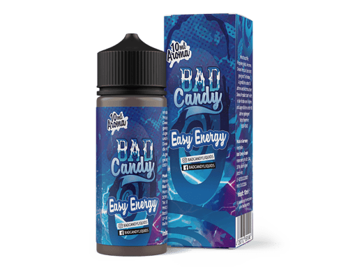 Leere Flasche und Box des BAD CANDY liquids, blauer psychedelischer Design, für E-Liquid Vape, Produkt für E-Zigaretten, energiegeladenes Design, Vape Zubehör, 10ml Flasche, Aromatisiert, Liquids, Vape Shop, LETZ Go.