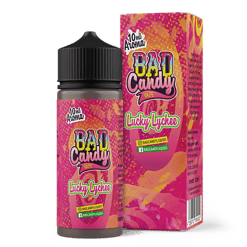 Flasche und Verpackung des BAD Candy Vape Lucky Lychee, pinkes Design, aromatisiert, für E-Zigaretten, 10ml Flasche.