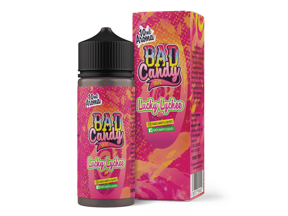 Bad Candy Liquids - Aroma Lucky Lychee 10ml 1 Flasche und Verpackung des BAD Candy Vape Lucky Lychee, pinkes Design, aromatisiert, für E-Zigaretten, 10ml Flasche.