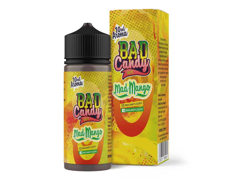 Bad Candy Liquids - Aroma Mad Mango 10ml 1 Bad Candy Vape Mad Mango 10ml Aroma, aromatisierte E-Liquid Flasche mit Mango-Geschmack, perfekt für Vape-Liebhaber, in ansprechender Verpackung.