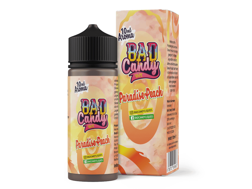 Bad Candy Liquids - Aroma Paradise Peach 10ml 1 BAD Candy Vape Paradise Peach E-Liquid, 10ml, in Flasche und Verpackung, mit tropischem Pfirsichgeschmack, ideal für Vaping Fans, hergestellt in Deutschland, lange Haltbarkeit, für süßen Dampfgenuss.