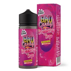 Bad Candy Vape Raspberry Rage, E-Liquid Flasche mit pinkem Etikett und Verpackung, für Vape und E-Zigaretten, fruchtiger Geschmack, 50 ml, in deutscher Sprache.
