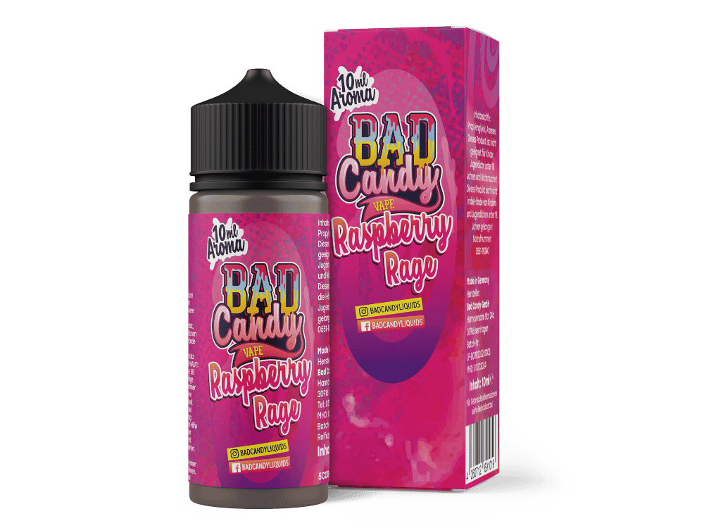 Bad Candy Liquids - Aroma Raspberry Rage 10ml 1 Bad Candy Vape Raspberry Rage, E-Liquid Flasche mit pinkem Etikett und Verpackung, für Vape und E-Zigaretten, fruchtiger Geschmack, 50 ml, in deutscher Sprache.