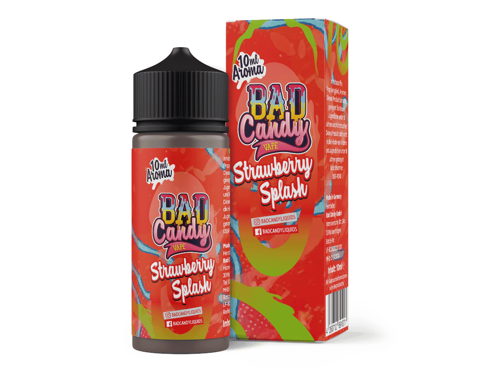 Bad Candy Liquids - Aroma Strawberry Splash 10ml 1 Gefahrstoff-Produkt: Bad Candy Vape Strawberry Splash, 10ml, blend aus Erdbeere, Süßigkeiten, süßer Geschmack, für E-Zigaretten und Dampfer, hochwertige Liquids, aromatisch, belebend, lecker, handlich, aromatisch, Geschmack, E-liquid, vaping.