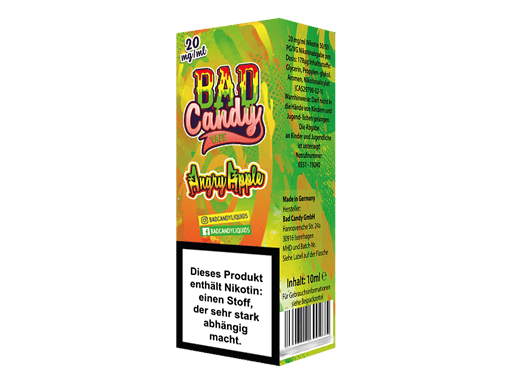 Bade Candy Bad Candy Vape Angry Apple in grüner Verpackung mit Warnhinweis und Nikotininformationen.