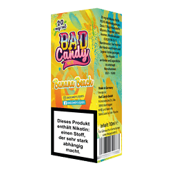 Leckeres Bad Candy Vape in Banane Bacio Geschmack, 20ml, mit Nikotin, für Vape-Liebhaber, in buntem Verpackungsdesign, made in Germany.