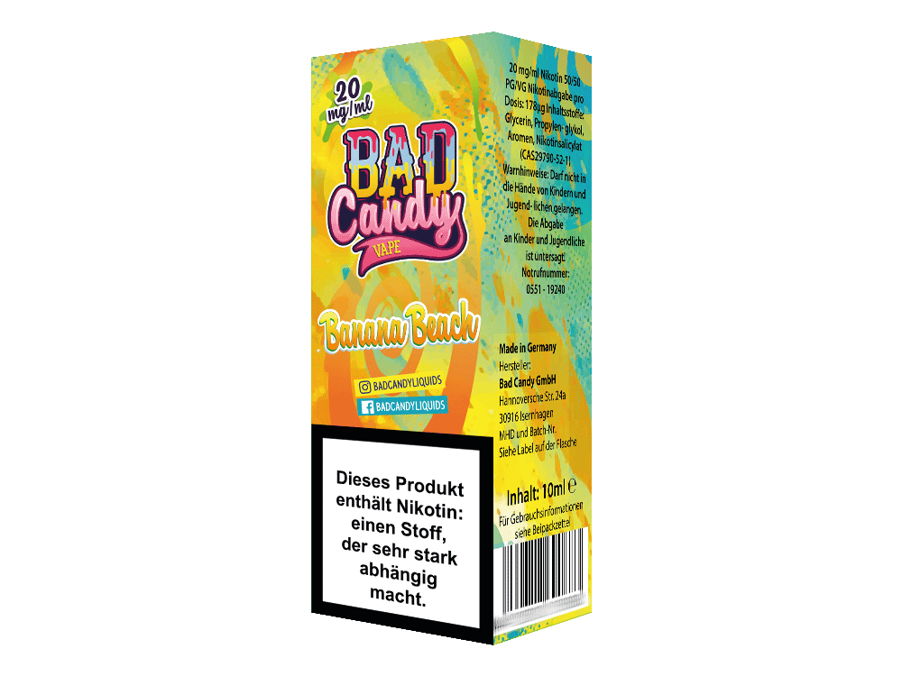 Bad Candy Liquids - Banana Beach - Nikotinsalz Liquid 1 Leckeres Bad Candy Vape in Banane Bacio Geschmack, 20ml, mit Nikotin, für Vape-Liebhaber, in buntem Verpackungsdesign, made in Germany.