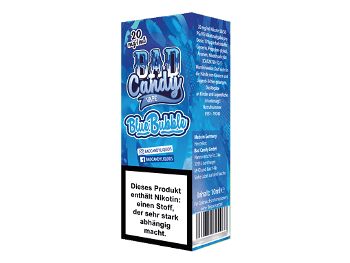 Musterbild eines E-Zigaretten-Blocks mit Bad Candy Blue Bubble Geschmack in blauer Verpackung, Nikotinwarnung sichtbar.