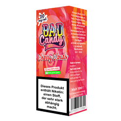 BAD Candy Cherry Clouds Vape - 10ml E-Liquid mit Nikotin, in Pink-Orange Verpackung, für E-Zigaretten, hergestellt in Deutschland, ideal für Dampfer, süßer Geschmack, nicotine, aromatischer Geschmack, Vape Zubehör.