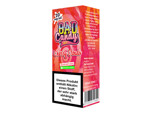 BAD Candy Cherry Clouds Vape - 10ml E-Liquid mit Nikotin, in Pink-Orange Verpackung, für E-Zigaretten, hergestellt in Deutschland, ideal für Dampfer, süßer Geschmack, nicotine, aromatischer Geschmack, Vape Zubehör.