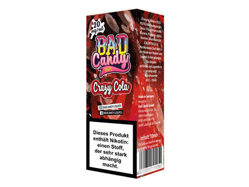 BAD Candy Vape Crazy Cola Verpackung, cooles Design für E-Zigaretten-Liquids, 10 ml Flasche, nikotinhaltig, in Deutschland hergestellt, für Erwachsene.
