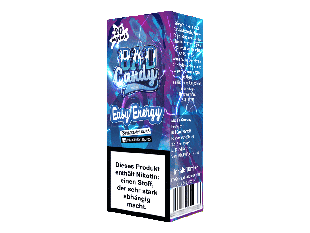 Bad Candy Liquids - Easy Energy - Nikotinsalz Liquid 1 BAD Candy Easy Energy Energy Drink - stylische Verpackung mit blauer, elektrischer Designgestaltung für schnellen Energiekick. 10ml Flasche, mit Nikotin, hergestellt in Deutschland, bei LETZ Go erhältlich.