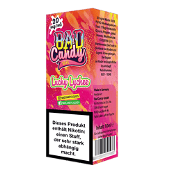 Knusprige, bunte E-Zigarette mit dem Geschmack von Lucky Lychee, ideal für Vaper, 10 ml Flasche, in Deutschland hergestellt, mit warnender Nikotin-Hinweis auf Verpackung.