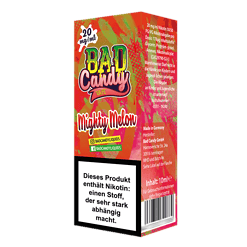 Farbige Verpackung des Bad Candy Liquids Mighty Melon mit Neonfarben und Logo.