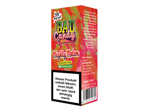 Farbige Verpackung des Bad Candy Liquids Mighty Melon mit Neonfarben und Logo.