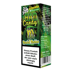 Gelbes, grünes und schwarzes Vape-Produkt mit "Bad Candy" Logo und warnhinweis, 10ml Flasche, hergestellt in Deutschland, für Jugendliche.
