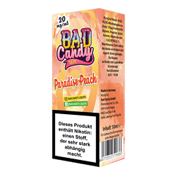 BAD Candy Vape Paradies Pfirsich E-Liquid, 10ml Flasche mit Nikotin und Aromastoffen für E-Zigaretten, in flippigem Verpackungsdesign, made in Germany, für verantwortungsvollen Dampfergenuss.