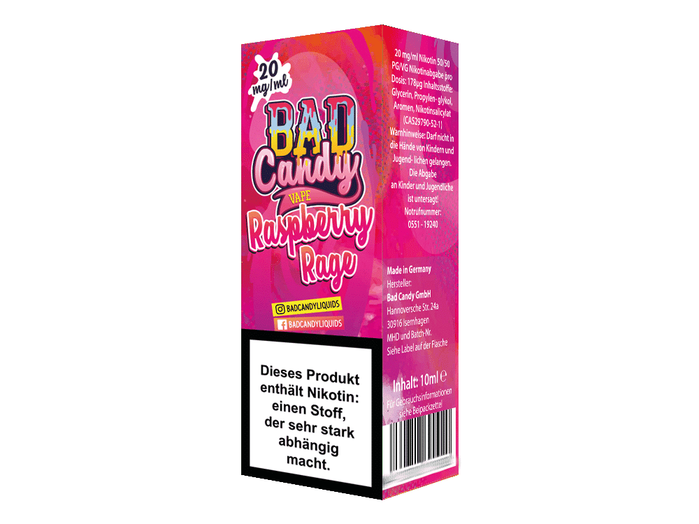 Bad Candy Liquids - Raspberry Rage - Nikotinsalz Liquid 1 Atemberaubende Vape-Box mit Geschmack "Raspberry Rage" in Pink und Lila, inklusive Warnhinweis, Inhaltsstoffe und Herstellerinformationen, ideal für Cannabis-Liebhaber und Vape-Produktsammlung.