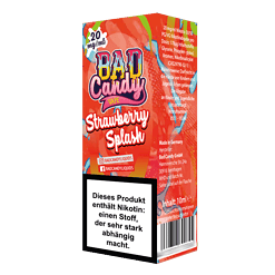 Leere Verpackung mit bunter Gestaltung für Bad Candy Liquid Vape Strawberry Splash, hochdosiert Nikotin, in Deutschland hergestellt, warnhinweis und Social-Media-Icons, 10ml Inhalt.
