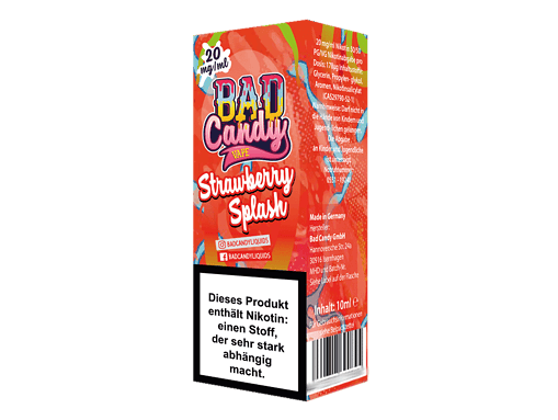 Leere Verpackung mit bunter Gestaltung für Bad Candy Liquid Vape Strawberry Splash, hochdosiert Nikotin, in Deutschland hergestellt, warnhinweis und Social-Media-Icons, 10ml Inhalt.
