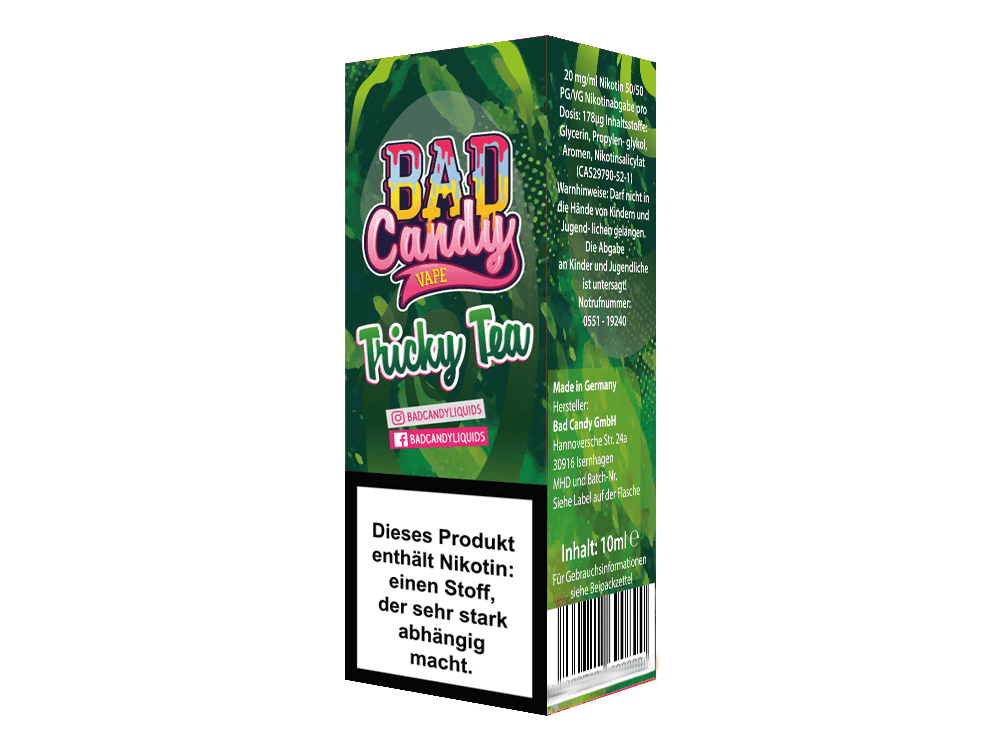 Bad Candy Liquids - Tricky Tea - Nikotinsalz Liquid 1 Bad Candy Vape Tricky Tea - E-Liquid mit Nikotin in grünem Design, 10ml, in Deutschland hergestellt, enthält Nikotin, für E-Shishas geeignet, aromatisiert mit Tea-Geschmack.