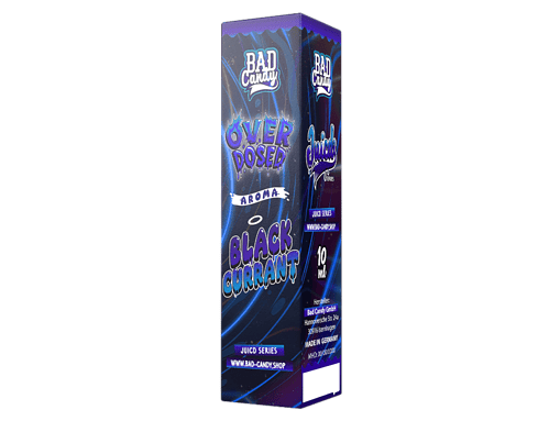 Leuchtende Verpackung für Blackcurrant Aroma, jugendliches Design, ideal für Liquids mit Energieschub, 10ml Flasche, passend für E-Zigaretten, hochwertig, Made in Germany, bei LETZ Go erhältlich.