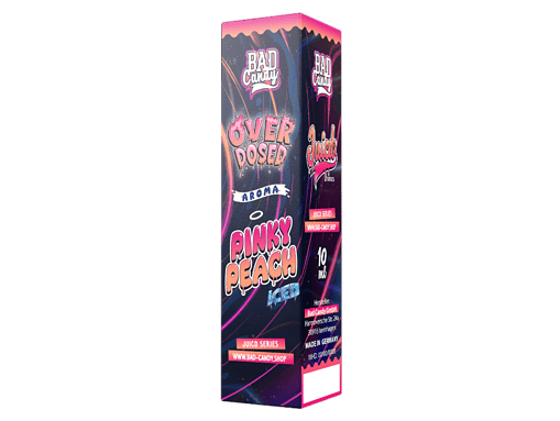 Bade Candy Over Dosed Aromatische Pinks Peach Ice E-Liquid in stylischer Verpackung.