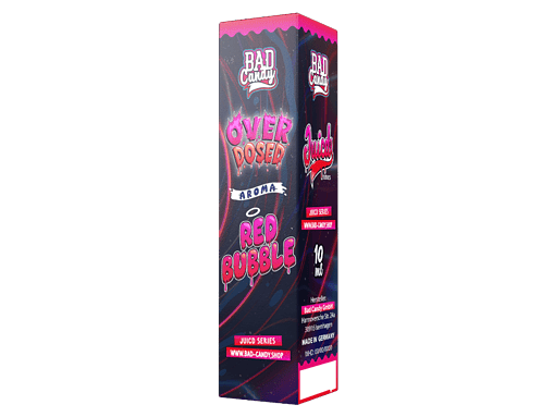 Bunte Verpackung des Bad Candy Over Dosed Red Bubble Aromaspray mit pinkem Design und 10 ml Inhalt.