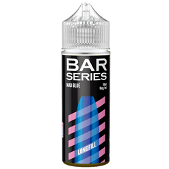 Leere E-Zigarette Liquidflasche für den BAR SERIES Mad Blue Geschmack, 10ml, 0mg/ml Nikotin, mit Abdeckung, auf grauem Hintergrund.