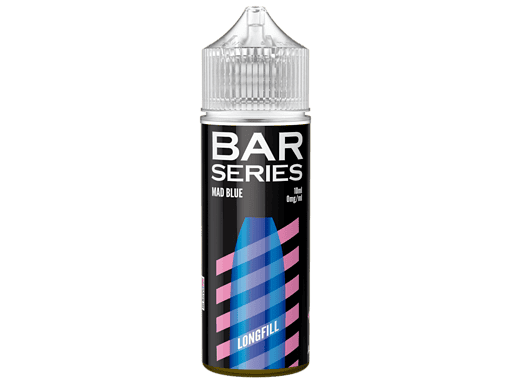 Leere E-Zigarette Liquidflasche für den BAR SERIES Mad Blue Geschmack, 10ml, 0mg/ml Nikotin, mit Abdeckung, auf grauem Hintergrund.