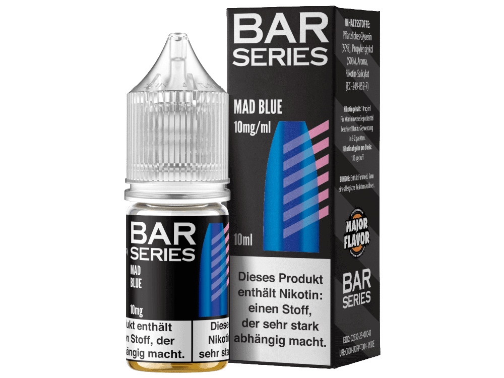 Bar Series - Mad Blue - Nikotinsalz Liquid 1 10ml E-Liquid Mad Blue, blauer Flaschentank mit Nikotin, für Vape und E-Zigaretten.